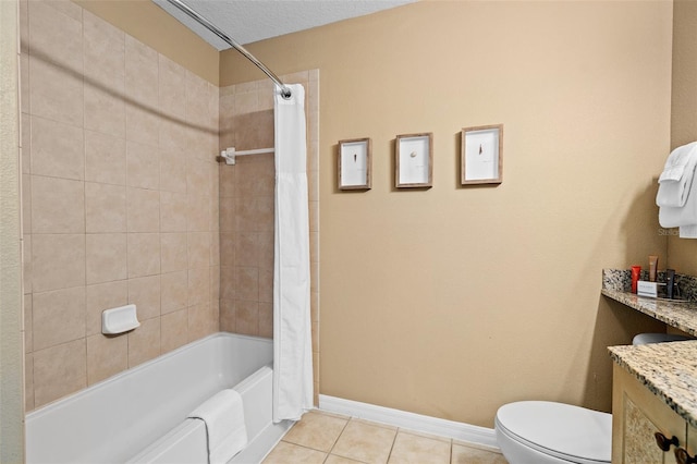 full bathroom featuring vanity, a textured ceiling, shower / bathtub combination with curtain, tile patterned flooring, and toilet