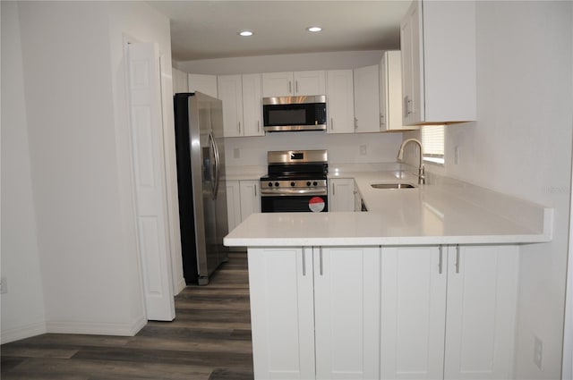 kitchen with a sink, light countertops, dark wood finished floors, appliances with stainless steel finishes, and recessed lighting