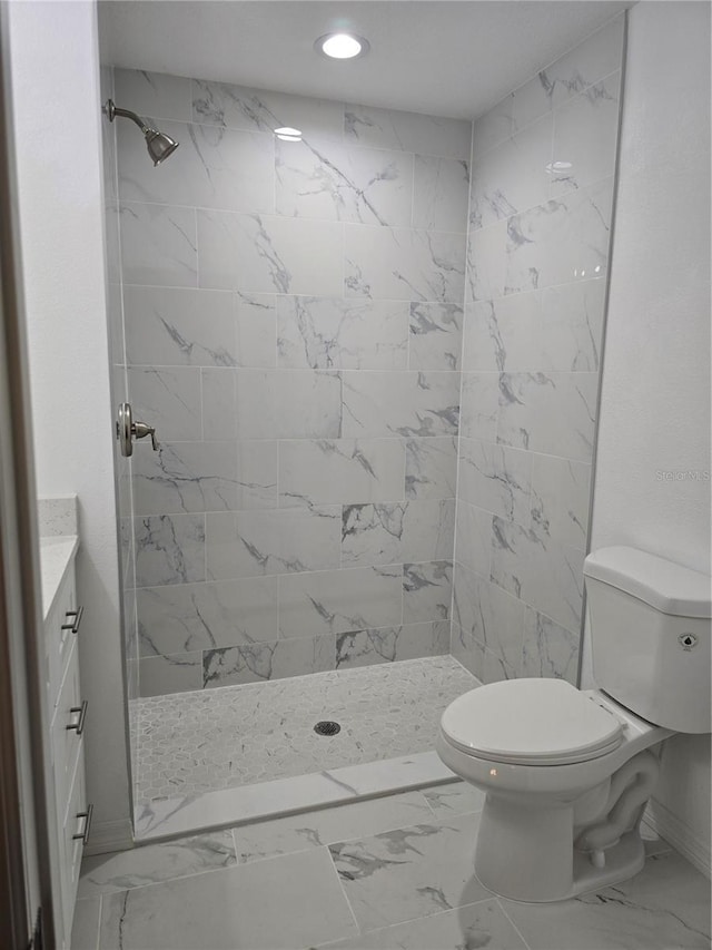 full bath featuring a shower stall, marble finish floor, toilet, and recessed lighting