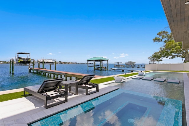 view of swimming pool with an in ground hot tub, a water view, a dock, and a patio area