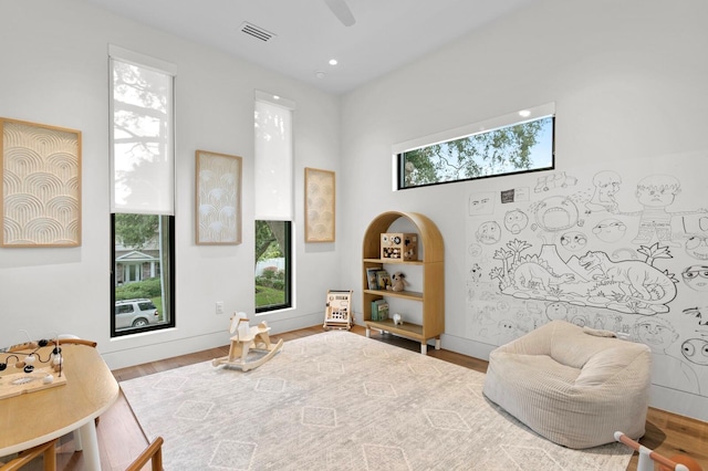 living area with light hardwood / wood-style flooring and a healthy amount of sunlight