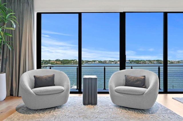 living area with hardwood / wood-style floors, a water view, and plenty of natural light