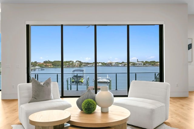 living area featuring a wealth of natural light, a water view, and light hardwood / wood-style floors