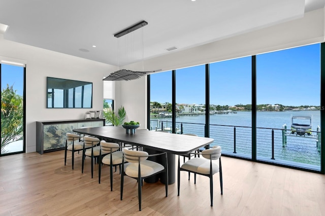 dining space featuring a healthy amount of sunlight, a water view, and light wood-type flooring