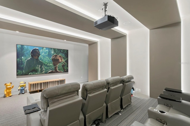 carpeted home theater room featuring radiator