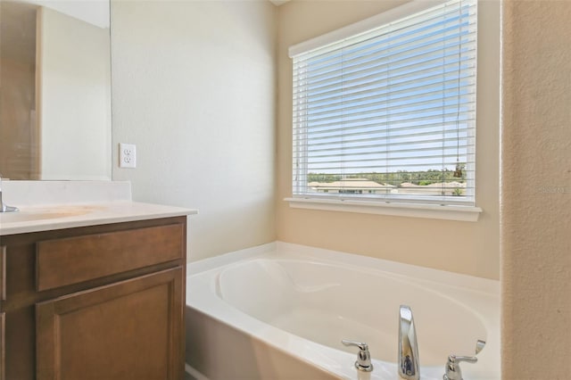 bathroom with vanity and a washtub