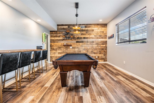 recreation room featuring wood walls, wood-type flooring, and billiards