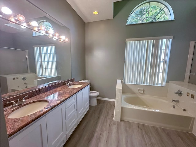 bathroom with a bath, hardwood / wood-style floors, vanity, and toilet