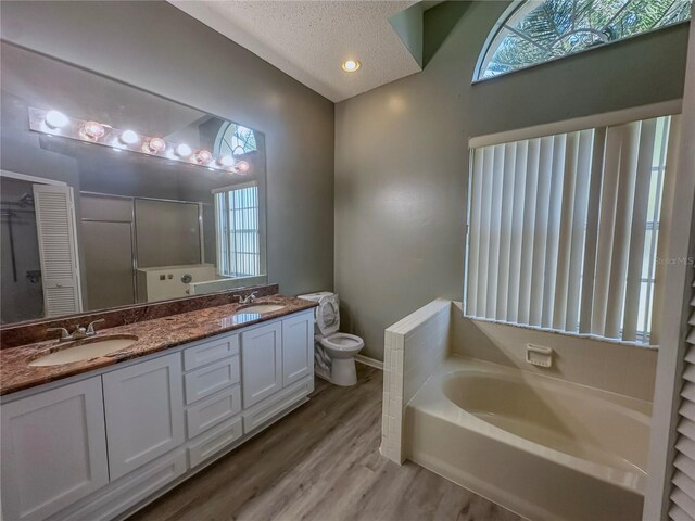 bathroom with vanity, a textured ceiling, hardwood / wood-style flooring, a bath, and toilet