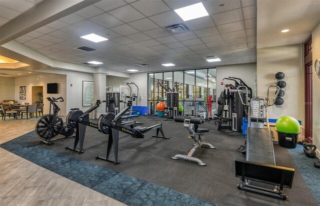 8322 SW 52nd Lane Rd, Ocala, FL 34481 - gym with ornate columns, a paneled ceiling, and visible vents