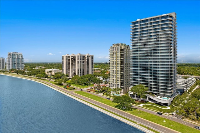 drone / aerial view with a water view