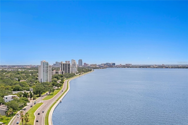 drone / aerial view featuring a view of city and a water view