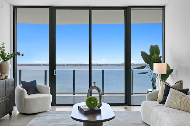 living room with plenty of natural light, a wall of windows, and a water view