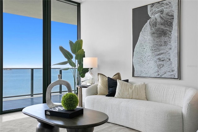 living room with floor to ceiling windows, plenty of natural light, and a water view