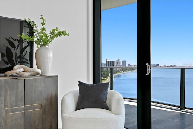 sitting room with plenty of natural light and a water view