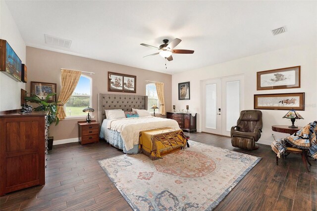 bedroom featuring dark wood-type flooring and ceiling fan