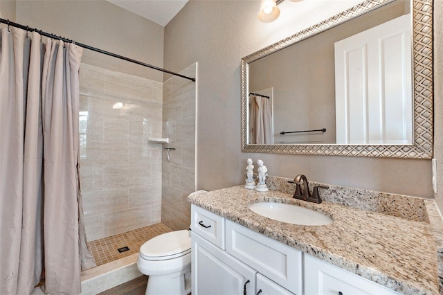 bathroom featuring curtained shower, vanity, and toilet