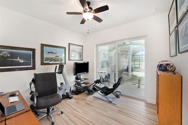 office space with ceiling fan and light hardwood / wood-style floors