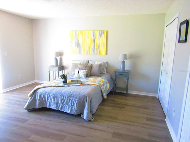 bedroom with dark hardwood / wood-style flooring, a textured ceiling, and a closet