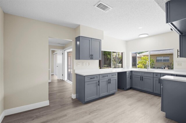 kitchen featuring sink, a textured ceiling, gray cabinetry, and light hardwood / wood-style flooring