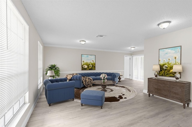 living room featuring a textured ceiling, light wood-type flooring, and crown molding