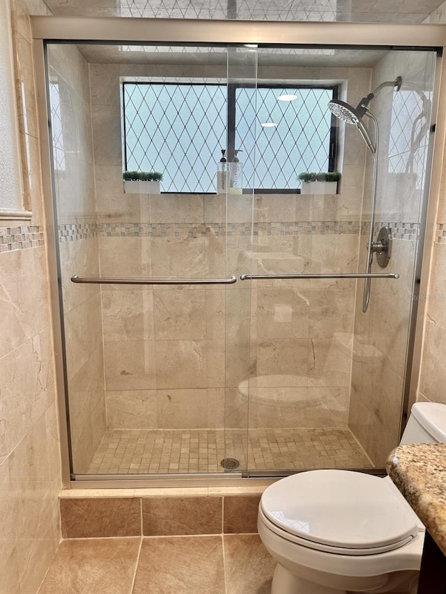 bathroom featuring an enclosed shower, vanity, plenty of natural light, and toilet