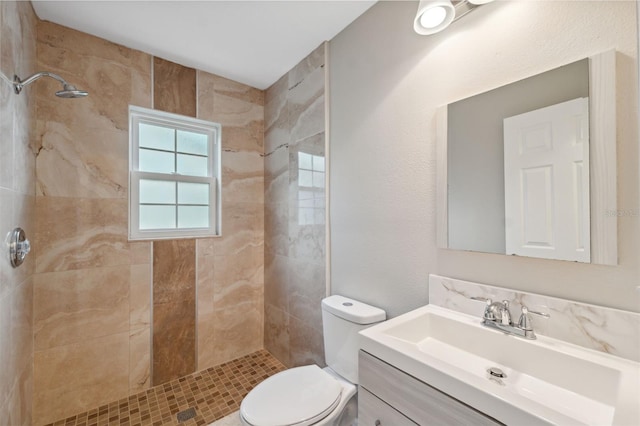 bathroom with vanity, a tile shower, and toilet