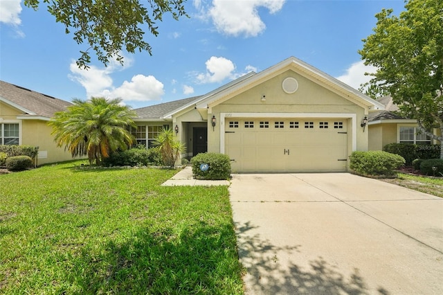 ranch-style home with a garage and a front yard