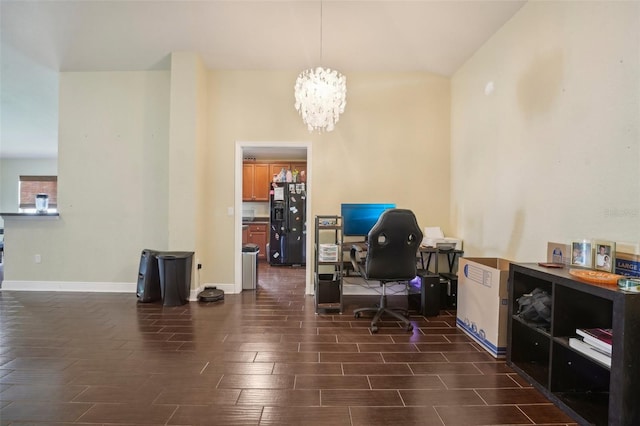 office area featuring a notable chandelier