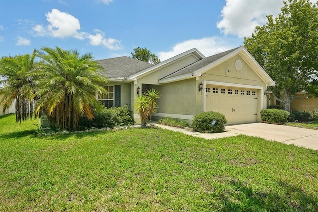 ranch-style house with a front yard and a garage