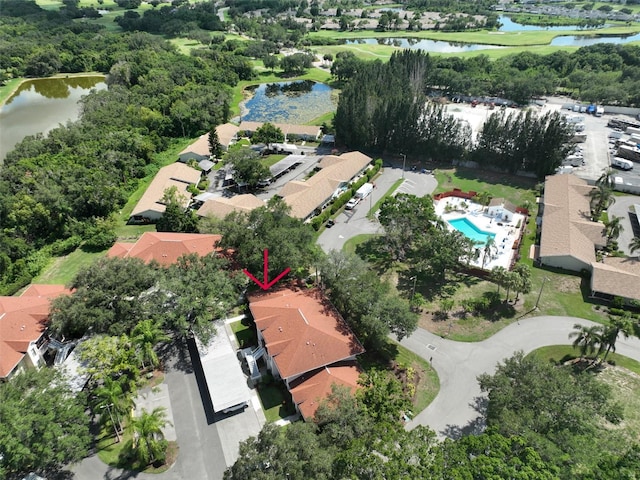 aerial view featuring a water view