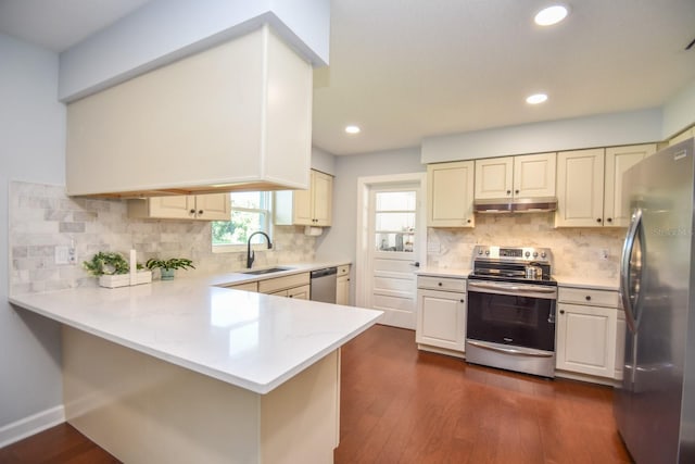 kitchen featuring stainless steel appliances, sink, kitchen peninsula, backsplash, and dark hardwood / wood-style floors