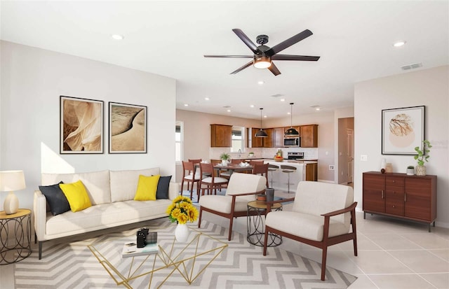 living room featuring ceiling fan and light tile patterned flooring