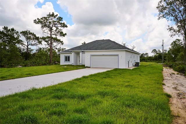 view of property exterior with a lawn, a garage, concrete driveway, cooling unit, and stucco siding