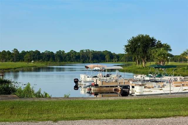 view of dock with a water view and a forest view