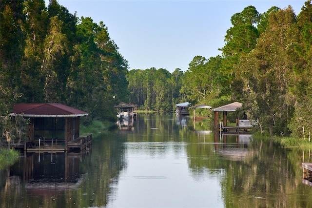 property view of water featuring a wooded view and a boat dock