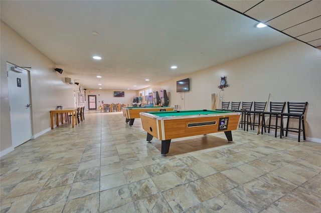 game room featuring recessed lighting, pool table, and baseboards