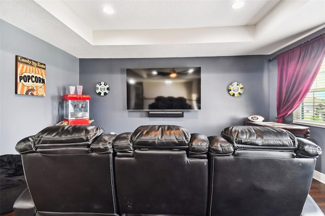 cinema room featuring a raised ceiling and hardwood / wood-style flooring