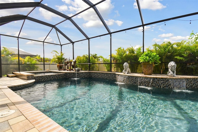 view of swimming pool with glass enclosure and a pool with connected hot tub