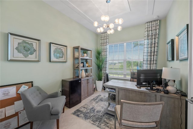 tiled home office with a notable chandelier