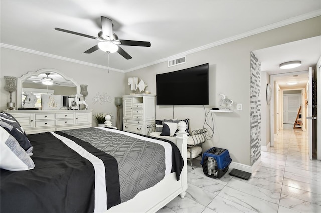 bedroom with ceiling fan and crown molding