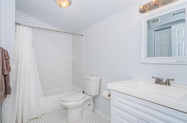 full bathroom with shower / bath combo, tile patterned floors, vaulted ceiling, toilet, and vanity