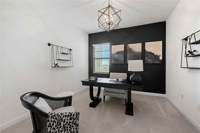 carpeted office featuring a chandelier