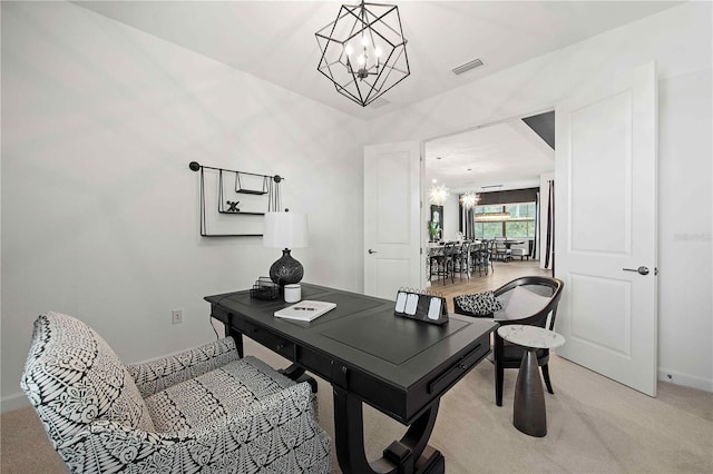 carpeted office space featuring a notable chandelier