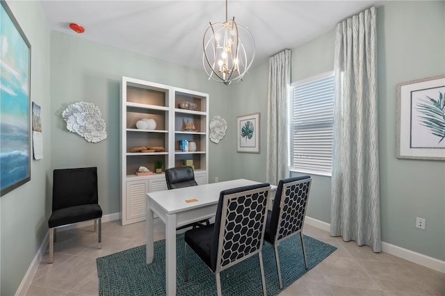 dining area featuring light tile patterned floors and an inviting chandelier