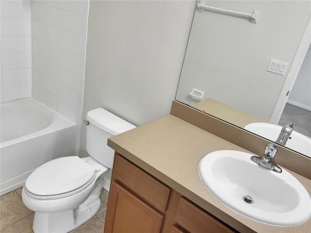 full bathroom with shower / bathing tub combination, vanity, toilet, and tile floors