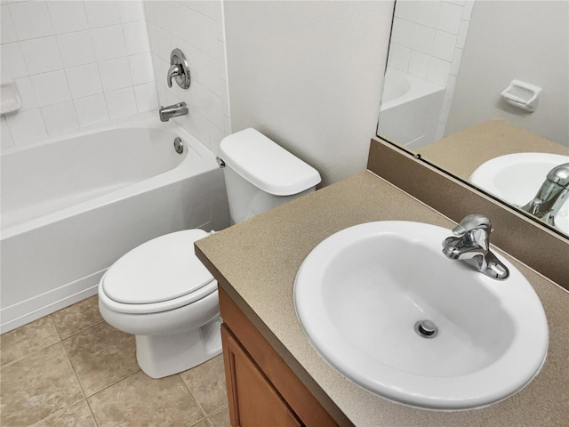 full bathroom featuring tile flooring, oversized vanity, toilet, and  shower combination