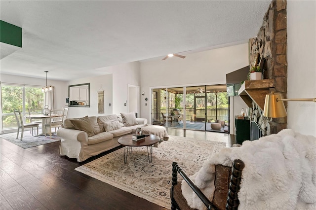 living room with a textured ceiling and dark hardwood / wood-style floors