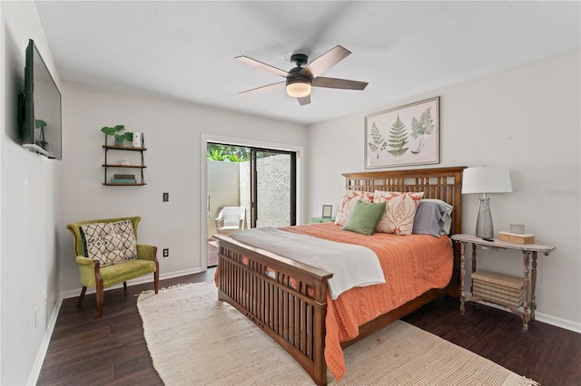 bedroom featuring ceiling fan and dark hardwood / wood-style floors