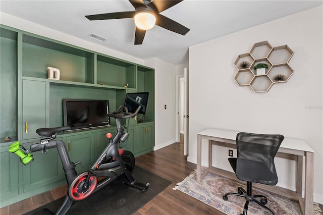 office featuring dark wood-type flooring and ceiling fan